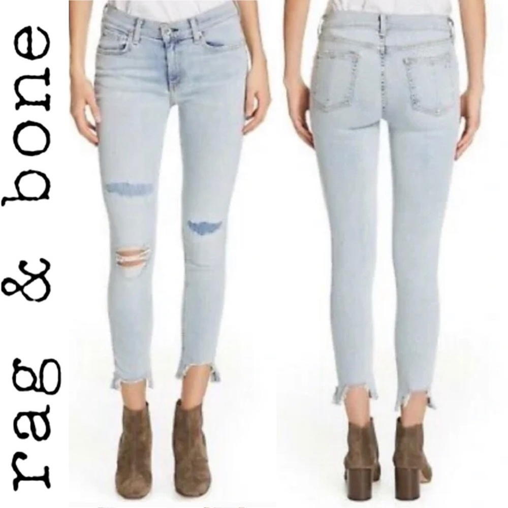 Rag & Bone Ankle Skinny Jeans in Lynn Holes 28 Chewed Hem Patchwork Light Wash - Picture 3 of 16